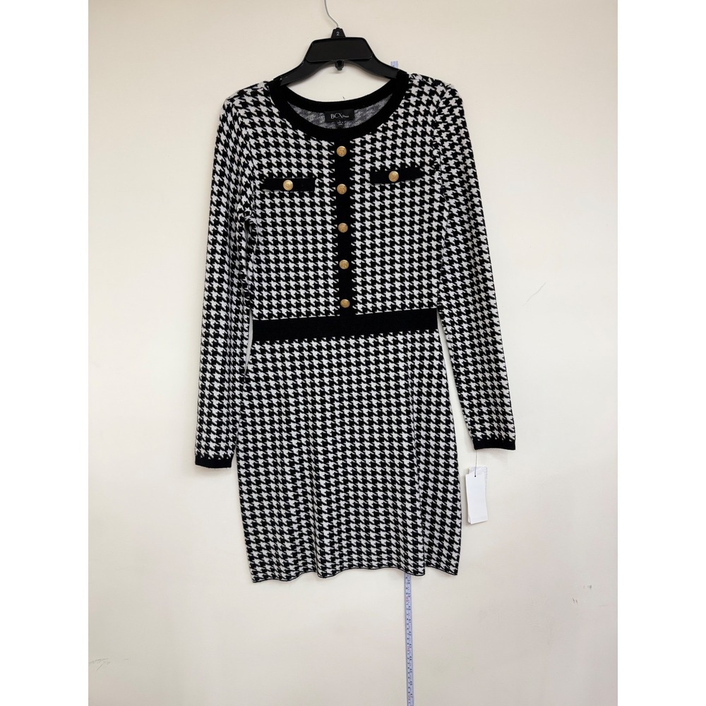 BCX Houndstooth Dress Women Large New Long Sleeve Gold Button Knit MSRP